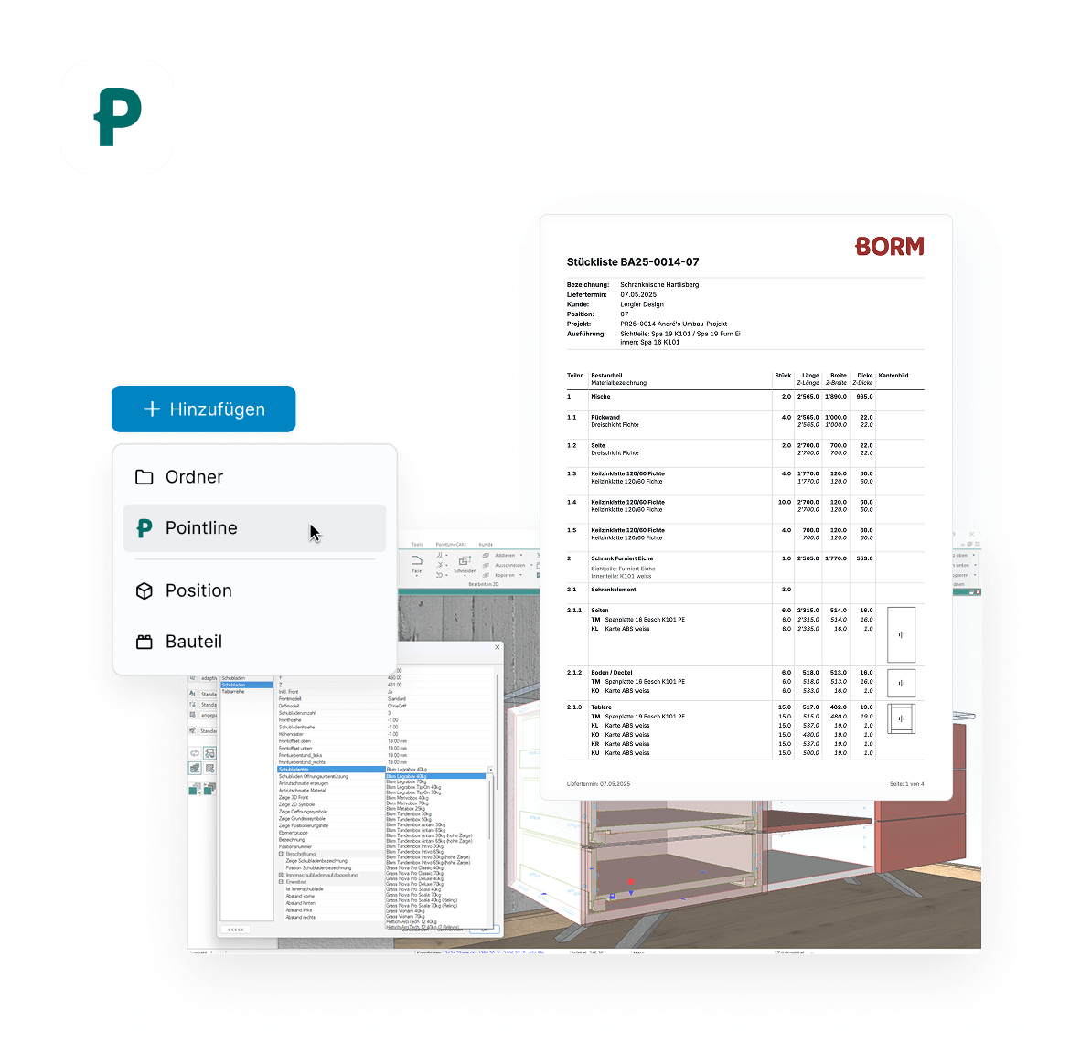 Pointline CAD production interface with parts list